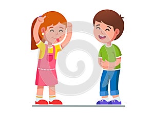 Joyful girl kid showing tongue making boy laugh