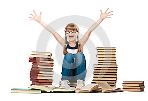 Joyful girl with piles of books