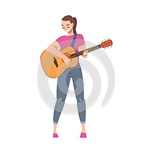 Joyful Girl Wearing Casual Clothes Playing Acoustic Guitar, Female Musician Guitarist Character Performing at Concert