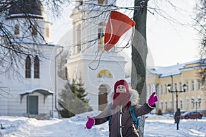 Joyful girls with backpack goes home from school