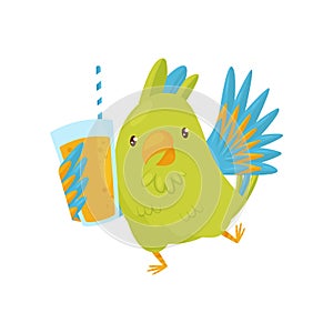 Joyful green parrot with glass of orange juice. Funny bird with bright feathers. Cartoon character. Flat vector icon