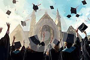 A joyful group of graduates celebrate their achievement by enthusiastically tossing their graduation caps high into the air, Group