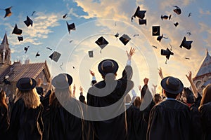 A joyful group of graduates celebrating their academic achievement by throwing their caps high into the air, Group of friends