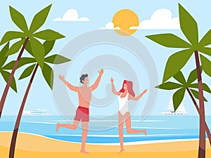 Joyful guy and girl in swimsuit jumping on beach enjoying summer vacation. Sea landscape with palm trees. Tropical