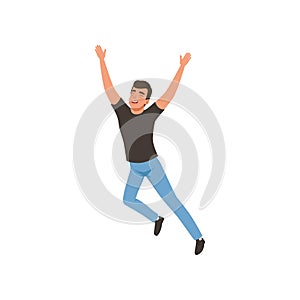 Joyful guy in jumping action with hands up. Young man with happy face expression. Flat vector design