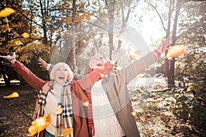 Joyful happy aged couple throwing autumn leaves