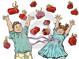 Joyful happy girl and boy. Red gift boxes. Birthday or christmas background