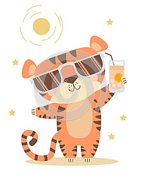 Joyful, happy, satisfied tiger with a Sunglasses and glass of cocktail while relaxing under the sun. Vector illustration
