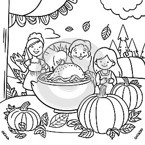 Joyful Harvest: Enchanting Thanksgiving Coloring Scene