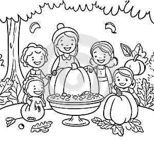 Joyful Harvest: Enchanting Thanksgiving Coloring Scene