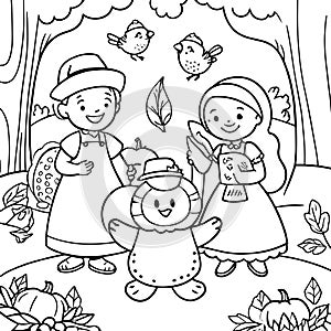 Joyful Harvest: Enchanting Thanksgiving Coloring Scene