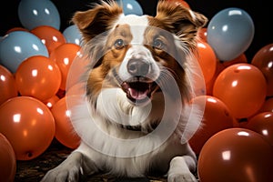 Joyful Jack Russell, cake, red tie, party hat, balloons white background celebration