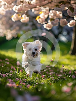 Joyful Journeys: A Playful Pup Dances Amongst Blooming Gardens