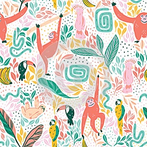 Joyful jungle vector pattern repeat. Tropical birds, orangutan and sloth monkeys with snakes and lots of greenery photo