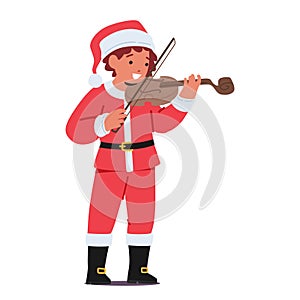 Joyful Kid In A Festive Christmas Santa Claus Costume Plays The Violin. Boy Character Spreading Holiday Cheer