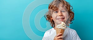 Joyful Kid Indulging In Ice Cream Cone Against A Lively Blue Backdrop