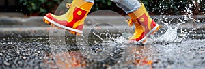 Joyful kid in rain boots gleefully leaping into a puddle, offering a perfect spot for adding text. photo