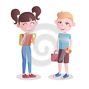 Joyful kids boy and girl dressed casually with book and school bags are happy returning back to school. Boy and girl school studen