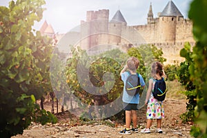 Joyful kids eager to explore Carcassonne castle in South France