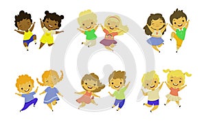 Joyful kids. Ethnic couples, cartoon small children leisure, happy girls and boys cute characters isolated, multiracial