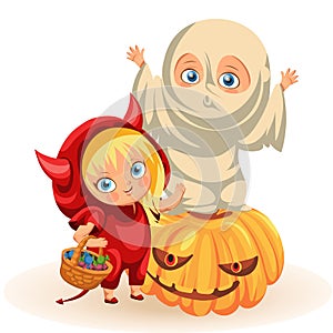Joyful kids in Halloween dresses flat poster