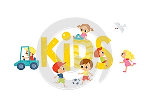 Joyful kids template. Babies playing with toys and having fun