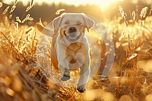 Joyful Labrador Retriever Running Through Golden Wheat Field at Sunset, Happy Dog Enjoying Nature