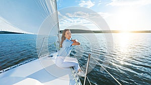 Joyful Lady Sitting On Yacht Deck Enjoying Sea Sailing Tour