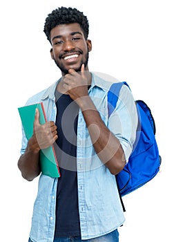 Joyful laughing african american male student with beard