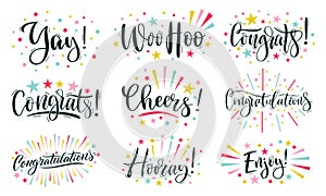 Joyful lettering. Congratulations text, cheers and hooray calligraphic inscription. Congrats, enjoy and woo hoo template photo