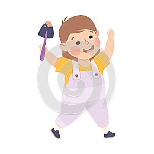 Joyful little girl holding scoop. Happy kid playing toys cartoon vector illustration