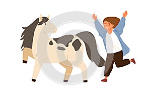 Joyful little girl running to hug adorable pony vector flat illustration. Smiling female child happy to meeting animal