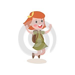 Joyful little girl scout character jumping with hands up isolated on white