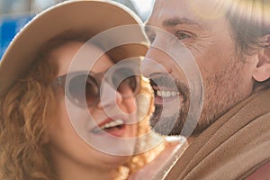 Joyful loving couple evincing positive emotions