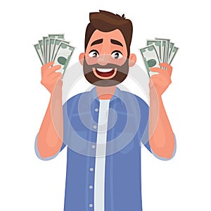 Joyful man with banknotes of money in his hands. The concept of wealth. Vector illustration