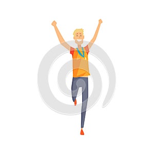 Joyful man character running with hands up. Cartoon male athlete with golden medal on his chest. Young guy in sportswear