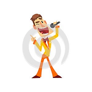 Joyful man with microphone, host of the show vector Illustration on a white background