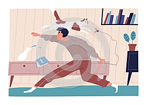 Joyful man playing with funny cat at home vector flat illustration. Happy pet owner holding toy catching agility kitty