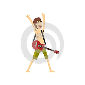 Joyful man standing with electric guitar and showing rock sign. Cartoon character of young musician. Guy dressed in