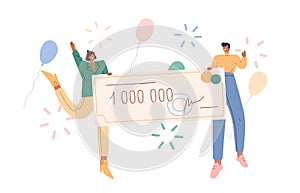 Joyful man and woman holding bank check for million vector flat illustration. Happy couple winner of grant or lottery