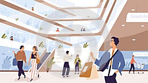 Joyful man and woman with packages inside shopping mall vector illustration. People customers taking selfie, talking