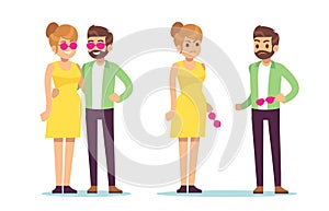 Joyful man and woman with pink glasses and sad without glasses. Optimism and pessimism. Negative or positive feeling