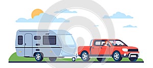Joyful married couple goes on vacation. Car with camper trailer. Auto caravan. Road trip. Family travel by camping