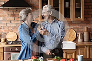 Joyful mature couple of vegans cooking dinner together at home