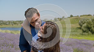 Joyful mixed race couple having fun outdoors