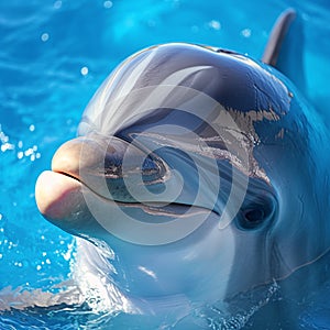 Joyful moment close up of a dolphins smiling face looking at you