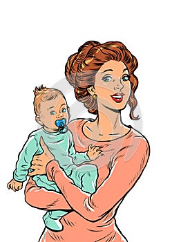 Joyful mother with a child in her arms. Mothers Day. Pop art retro style. Beautiful woman in motherhood