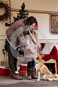 Joyful mother and small daughter play with dog outside motorhome on Christmas vacation road trip