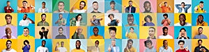 Joyful multiracial men faces on multicolor panels, creative collage