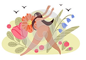 Joyful naked girl runs across the field with flowers. Summer Vector Illustration